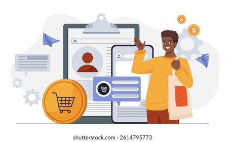 Smiling man holding shopping bag with digital devices, shopping icons, gears, and messages in flat cartoon style on white background. Concept of e-commerce. Vector illustration