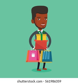 Smiling man holding shopping bags and gift boxes. Happy african-american man carrying shopping bags and boxes. Man standing with a lot of shopping bags. Vector flat design illustration. Square layout.