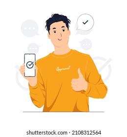 Smiling man holding smart phone, wearing casual clothes, standing and showing thumbs up positive gesture. Ok sign and gesture language concept illustration