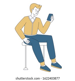 Smiling man holding smartphone flat illustration. Casual guy sitting with mobile phone chatting, looking on screen isolated cartoon character. Stylish male adult using telephone, communicating