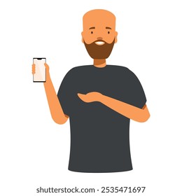 Smiling man holding smartphone and gesturing with his hand
