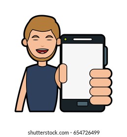 smiling man holding smartphone icon image 