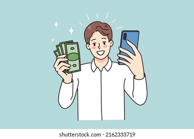 Smiling man holding smartphone and money excited with online lottery victory. Happy guy win cash on internet using cellphone. Working distant from mobile phone. Vector illustration. 