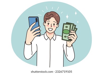 Smiling man holding smartphone and money excited with online lottery victory. Happy guy win cash on internet using cellphone. Working distant from mobile phone. Vector illustration.