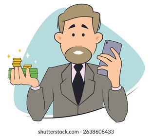 Smiling man holding smartphone and money. Template for text messages, website, web landing page, presentation, social, promotion or print media. 