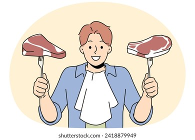 Smiling man holding steaks on forks in hands. Happy male ready to eat fresh meat excited about delicious dinner. Nutrition and diet concept. Vector illustration.