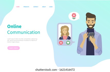 Smiling man holding touchscreen phone, dating app in smartphone, modern online communication with wireless device, male and female choosing vector. Website or webpage template, landing page flat style