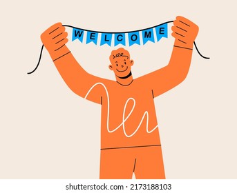 Smiling man holding a welcome sign in.  welcoming concept. Colorful vector illustration
