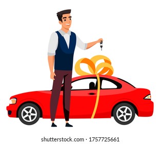 Smiling man holds car key isolated person. Red expensive car tied with ribbon and bow. Unexpected reward, gift or purchase of personal transport, give congratulations. Vector character illustration