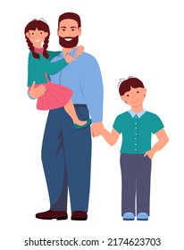 Smiling man holds a girl in his arms and holds a little boy by the hand. Happy father with children. Vector illustration in flat style on a white background.