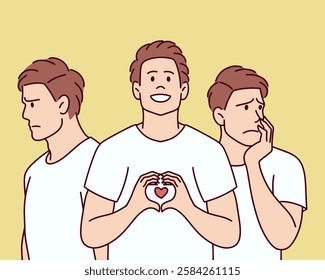 A smiling man holds a heart sign while two sad friends stand beside him. The image contrasts emotions of joy and sadness.