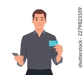 Smiling man holds smart phone and credit card, he gesture success for win money reward. Flat vector illustration isolated on white background