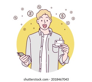 Smiling man holds smart phone and credit card, he gesture success for win money reward. Hand drawn in thin line style, vector illustrations.