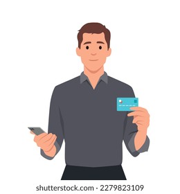 Hombre sonriente sostiene teléfono inteligente y tarjeta de crédito, el gesto de éxito para ganar dinero recompensa. Ilustración vectorial plana aislada en fondo blanco