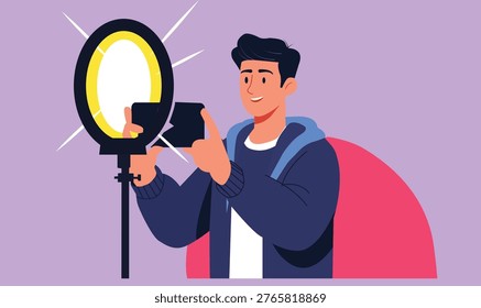 A smiling man holds a smartphone to take a selfie, illuminated by a bright ring light. The modern illustration captures a common activity in digital content cr.
