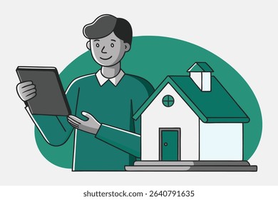 A smiling man holds a tablet, presenting house plans; a small house model sits beside him.