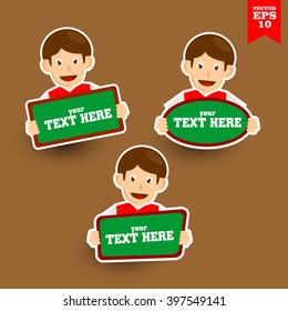 Smiling Man Holds Text Template. You can Change the text. Vector Illustration Eps.10