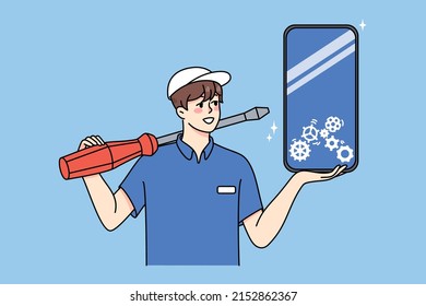 Smiling man with huge tools repair smartphone in mobile client center or shop. Male engineer fix smartphone, install or download program. Gadgets and technology. Vector illustration. 