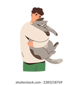 Smiling man hugging big cute cat. Happy male pet owner with feline animals. Care and love for home pet. Young guy and kitty friendly relationship. Flat illustration isolated on white background.