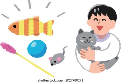 A smiling man hugging a cat toy and a domestic cat