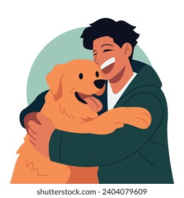 Lächelender Mann umarmte seinen Hund Flache Vektorgrafik einzeln auf weißem Hintergrund