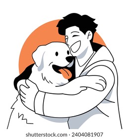 Smiling Man hugging his dog Flat vector illustration in flat line cartoon style