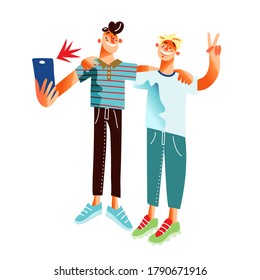 Hombre sonriente abrazando y tomándose selfie con la cámara de un smartphone. Amigos toman fotos, hobby fotográfico. La pareja feliz pasa tiempo juntos. Ilustración de carácter de vector aislada en fondo blanco