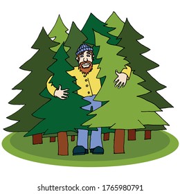 Smiling man hugging trees in the forest with a blissful expression. Ecology, nature conservation, Earth day concept. Illustration - vector.