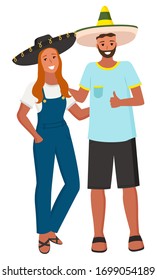 Smiling man hugging woman, people wearing national mexican accessory sombrero. People ethnicity, male and female in casual clothes, cowboy vector