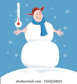 Hombre sonriente dentro de un muñeco de nieve que representa la crioterapia, un termómetro detrás de él, EPS 8 ilustración vectorial