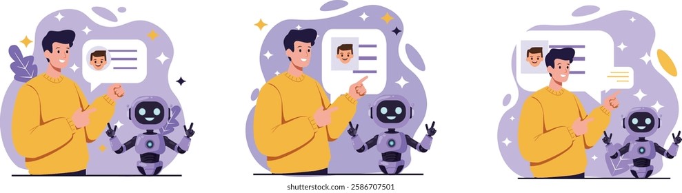 A smiling man interacting with an AI chatbot displaying a conversation bubble on a digital interface representing virtual assistance and automation