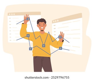 Hombre Sonriente Interactúa Con Una Interfaz Digital, Ajustando Nodos En Una Representación Gráfica De Una Red O Flujo De Datos. La Interfaz Presenta Diagramas Y Gráficos, Enfatizando La Tecnología Del Análisis De Datos