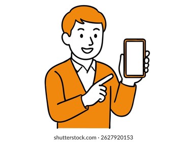 Smiling man Introducing Smartphone on white background