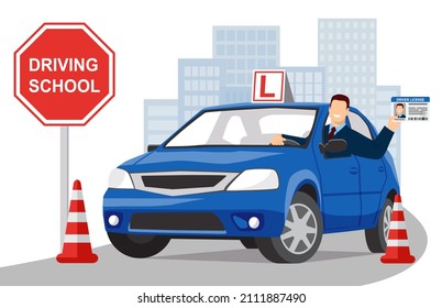 Smiling man in a jacket and tie sits in a blue training car and shows his driver license. City landscape in the background. Design concept driving school or learning to drive. Vector illustration