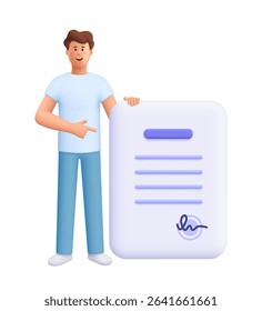 Smiling man James standing next to a large document with text lines and a signature, pointing at the paper. Business approval, agreement concept. 3d vector people character. Cartoon minimal style.