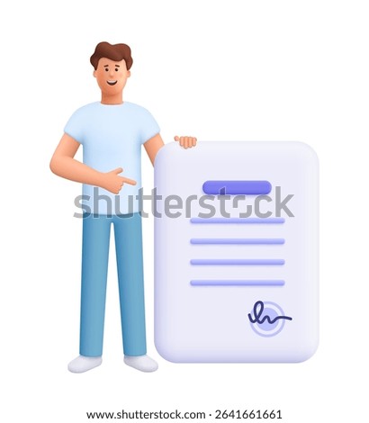 Smiling man James standing next to a large document with text lines and a signature, pointing at the paper. Business approval, agreement concept. 3d vector people character. Cartoon minimal style.
