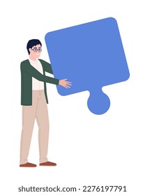 Smiling man with jigsaw puzzle piece flat concept vector spot illustration. Editable 2D cartoon character on white for web design. Team member responsibility creative idea for website, mobile app
