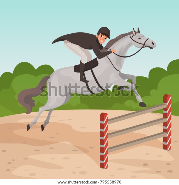 Smiling man jockey on gray\
horse jumping over hurdle. Male character in equestrian helmet,\
dark-colored coat and white pants. Nature landscape. Flat vector\
design