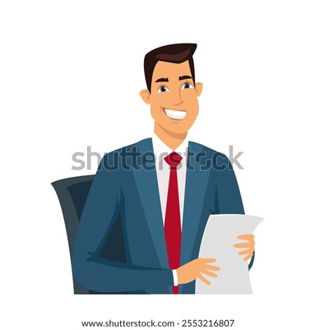 Smiling man journalist in TV studio. Live breaking news flat vector illustration. Television news program presenter cartoon male character.