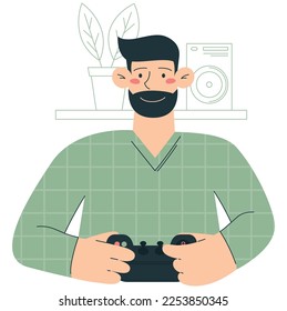 Smiling man with a joystick playing video game. Flat vector minimalist illustration with different devices and free time spending