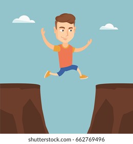 Smiling man jumping across the gap from one rock to another. Young caucasian sportsman jumping over rocks with a gap. Vector flat design illustration. Square layout.