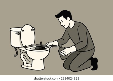 Smiling man kneeling on the bathroom floor to clean the toilet using a brush and a bottle of disinfectant cleaning solution.