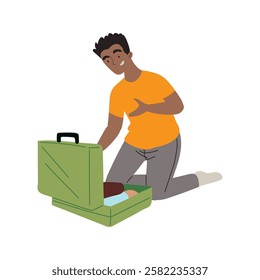 Smiling man kneeling while placing clothes into a suitcase isolated vector illustration