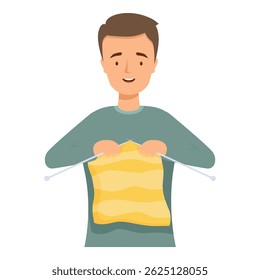 Smiling man knitting yellow fabric with knitting needles