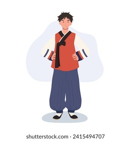 Smiling man in Korean traditional suit for special occasions. hanbok