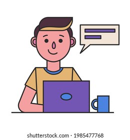 Smiling man with laptop. Design concept or icon of social networking. Outline color vector line art illustration isolated on white background.