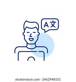Smiling man at laptop learning languages online. Pixel perfect, editable stroke icon
