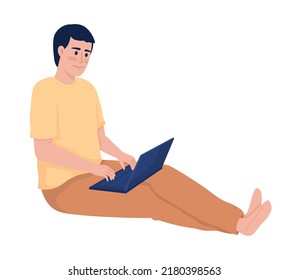 Smiling man with laptop semi flat color vector character. Editable figure. Full body person on white. Work and entertainment simple cartoon style illustration for web graphic design and animation