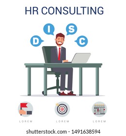 Smiling Man with Laptop Sitting at Table Flat Cartoon Banner Vector Illustration. Staff Recruitment. HR Manager in Recruitment Agency. Recruiting Director Selection with Bubbles. Skills Icons.
