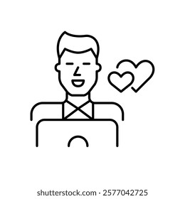 Smiling man at laptop and two hearts. Chatting online on dating websites. Looking for couple. Virtual relationships. Pixel perfect vector icon